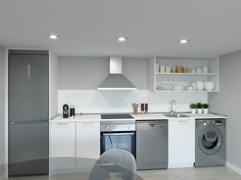 Infografía orientativa de cocina con suelo gris y muebles de color blanco. Electrodomésticos incluidos: horno, placa vitrocerámica y campana decorativa.