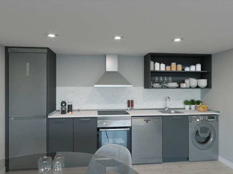 Infografía orientativa de cocina con suelo y muebles de color gris. Electrodomésticos incluidos: horno, placa vitrocerámica y campana decorativa.