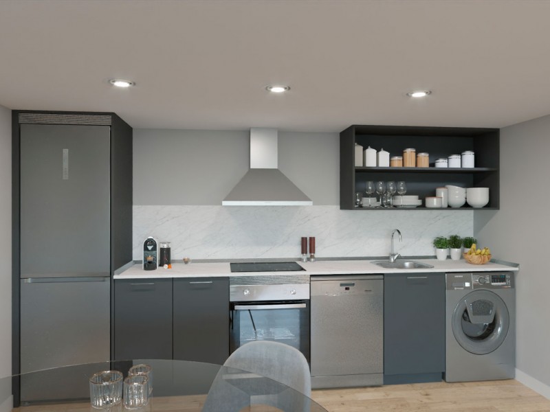 InfografÃ­a orientativa de cocina con suelo roble y muebles de color gris. ElectrodomÃ©sticos incluidos: horno, placa vitrocerÃ¡mica y campana decorativa.