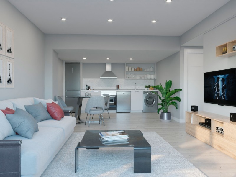 InfografÃ­a orientativa de salÃ³n con suelo gris y muebles de cocina blancos.  InfografÃ­a orientativa a concretar en el desarrollo del proyecto.